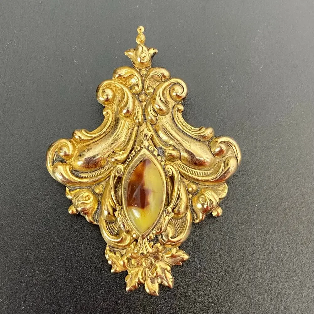 Vintage Gold Tone Baroque Filigree Shield Brooch Pin Victorian Revival Marquise